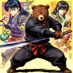 professional digital art manga anime rendering of a bear dressed as a ninja fighting with a katana. colorful design. higly detailed, intricate, greg rutkowski, anime manga style, trending on art station.