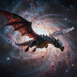 cinematic shot of an alien dragon flying in front of an epic nebula, Dan Seagrave art