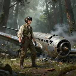 young pilot :: crashed plane with smoke :: forest :: steampunk :: digital painting, very detailed, cinematic shot, artstation