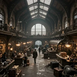 interior of a victorian steanpunk railway station, people everywhere,  luggage, wires and junk,  atmospheric, dramatic architecture