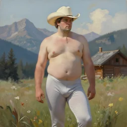 a beautiful ethereal homoerotic painting of a thicc cowboy wearing a tight pajamas | he's wearing a cowboy hat | background is a cabin in the mountains | by tom of finland | trending on artstation