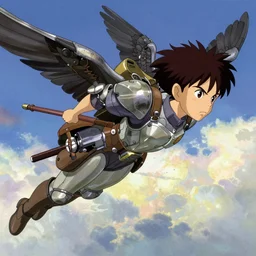 a dieselpunk valkyrie taking flight into a vibrant sky, krenz cushart face, highly detailed, cel shading, digital painting, anime key visual, in the style of hayao miyazaki and alphonse mucha