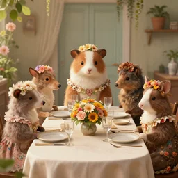 a table dinner of cute animals where animals are dressed like the characters from the midsommar movie wearing flowers, realistic detailed digital art by maxwell boas jessica rossier christian dimitrov anton fadeev trending on artstation cgsociety rendered in unreal engine 4 k hq