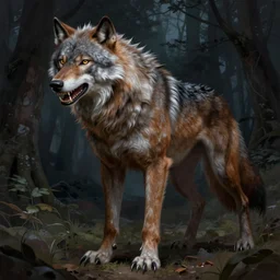 fullbody portrait of a male werewolf, bared teeth, long claws, dark forest at night, by greg rutkowski and alphonse mucha, gradient brown to silver, highly detailed, digital painting, artstation, concept art, smooth, sharp focus illustration