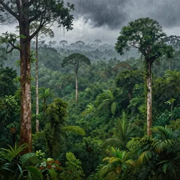 A beautiful painting of a high angle of an Amazonian jungle with tall wide trunk trees and dense foliage, heavy rain falling from dark clouds, Trending on artstation, 4k
