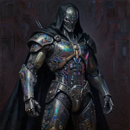dark cyborg armour made of intricate complex circuitry and microchips, iridescent, warrior assassin, black cloak, colorful, intricate linework, gothic baroque, intimidating, magical, realistic oil painting, artstation, rutkowski, wlop, chebokha, artgerm
