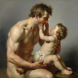 a huge son devours his little father saturn, on a gray background, maximum details, correct anatomy, soft light, warm colors, painting, artist's painting, beautifully drawn, muscles, depth of field, painting by francisco goya