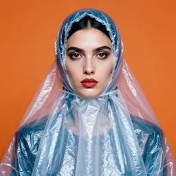 extremely detailed studio closeup portrait of a fashion model wearing a plastic wrap burka. surreal photograph, lo - fi, polished look, solid background, silly and serious, hermes ad, fashion photography, toiletpaper magazine by pierpaolo ferrari and maurizio cattelan, 3 5 mm photograph, colourful, david lachapelle, canon eos c 3 0 0, 8 k, medium - format print