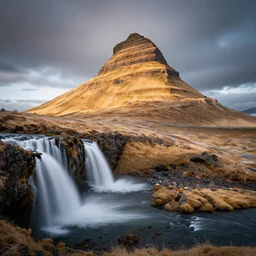 award winning landscape photography of iceland by andy lee, waterfall in foreground with epic mountain in sunlight in background, beautiful light, moody, long exposure, infrared photography, dramatic lighting, clouds, rule of thirds, golden ratio