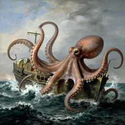 frigate attacked by a giant octopus with gigantic tentacles in the waves of an angry ocean, by jmw turner