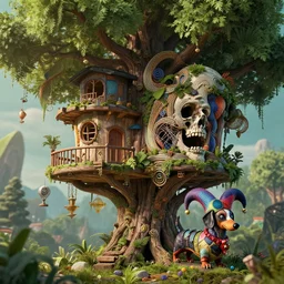 by par olofsson and tristan eaton, visually stunning, cinematic, ultra realistic, hyper realism, 1 2 k, epic, octane render, unreal engine, vfx, maya, weaving abstract geometry into everything : a lush treehouse # solarpunk, warhammer miniature of a chaos harlequin dachshund : the binary of life and death