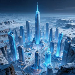 alien planet capital featuring enormous modern buildings, vast tron neon city district!!!, blue ice antelope canyon winter backdrop, megalophobia, 4 k wallpaper, 6 4 mm photo