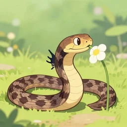 checkered garter snake smelling a flower in the style of anime, cute