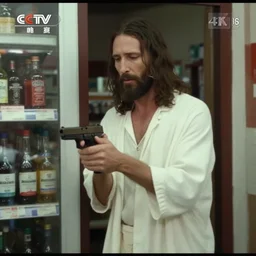 cctv footage of jesus christ robbing a liquor store, holding a glock, caught in 4 k, realistic, news