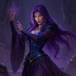 Female necromancer, beautiful, entincing, dark purple robes, blue corset, long skirt, dark skin, glowing yellow eyes, violet long hair, high fantasy, heroic character, looking from shoulder, fixed arms, pretty face!, detailed!, spellcasting pose, by greg rutkowski, WLOP, Genzoman and Gary Gygax, trending on Artstation artstationHD, artstationHQ, cgsociety, 8K HD