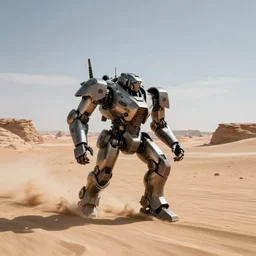 a big battle robot as armored core v running across the open desert, empty desert, sand, karst landscape, wide shot ; dynamic contrast, bokeh, motion blur, photoreal, cinematic, digital art by liam wong