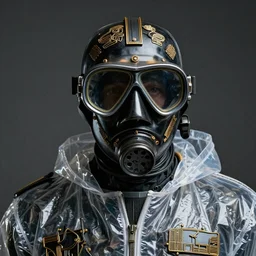 classy sophisticated very up close portrait of a mysterious retro diving mask black humanoid ， wearing transparent plastic jacket, cross lens ， wwii style ， golden ratio ， hyperrealistic ultradetailed ， ultra detailed wire decoration ， fantasy art ， chinese style ， by nixeu and guweiz and ilya kuvshinov and brian sum and