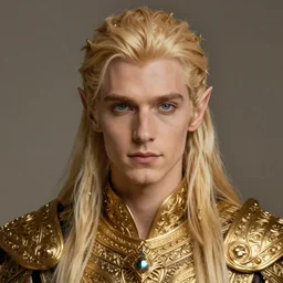 portrait painting of a long haired blonde elf man wearing beautiful ornate golden armor, ultra realistic, concept art, perfect eyes, high symmetry, intricate details, eerie, highly detailed, photorealistic, octane render, 8 k, unreal engine. art by artgerm and christophe vacher and charlie bowater and magali villeneuve and alphonse mucha