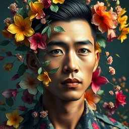 colourful vfx art - portrait of south east asian male with military haircut wrapped in flowers & vines, art by hsiao - ron cheng & james jean - presented as magazine collage style, volumetric light, colourful, sharp, detailed, digital painting, illustration, illustration, magazine collage, highly detailed, intricate detail, unreal engine, octae render, pinterest, behance, art station