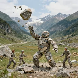 creature made of rocks throwing rocks alpine valley. greg rutkowski, andreas achenbach, artgerm, mikko lagerstedt, zack snyder, tokujin yoshioka