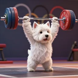 high quality photo of an anthropomorphic west highland white terrier weightlifting barbell up, over it's head, in olympic, 3 d render, photo realistic, epic lighting, concept art, 4 k, artstation, cgsociety