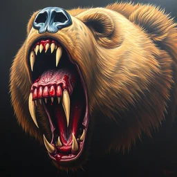 a horrid painting of a bear with a human face sown onto it, terrifying creature, absurdly sharp teeth with blood, stunning level of detail by professional artists