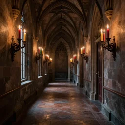a matte painting gothic hallway with sconces of flickering candles colorful by, tyler edlin