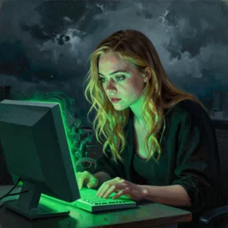 Elle Fanning hacking a glowing green computer in the style of Paola Vetri, head and shoulders portrait, stormy weather, extremely detailed masterpiece, oil on canvas, low-key neon lighting, artstation, Blade Runner 2049, Roger Deakin’s cinematography, by J. C. Leyendecker and Peter Paul Rubens and Edward Hopper and Michael Sowa,