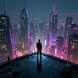 a man standing a top a puddle covered rooftop overlooking a vast colourful cyberpunk city, cinematic lighting, super wide angle, futuristic cyberpunk skyscrapers, cyberpunk neon city, atmospheric, high quality 3 d render, unreal engine, ultrarealistic