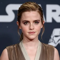Emma Watson modeling as Rey in Star Wars, (EOS 5DS R, ISO100, f/8, 1/125, 84mm, postprocessed, crisp face, photoshopped, facial features)