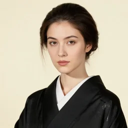 hyperrealism close - up portrait of a beautiful european woman in black silk kimono, ivory background, by roy liechtestein, 4 k, hd
