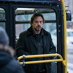 giancarlo esposito in a public bus in nyc during a snow storm, cinematic lighting, photorealistic, highly detailed