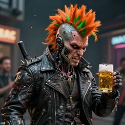 hyper detailed fine art portrait of a humanoid cyborg punk with orange and green mohawk hair, he wears a spiked leather jacket and his attitude is one of rebellious rage and anarchy, he also has a beer in his hand and is ready to destroy the system - H 768