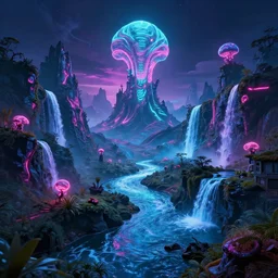 a beautiful neon alien landscape, mountains, neon waterfalls