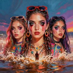anamorphic photograph of beautiful Coachella influencers with bleeding eyes in front of floods, detailed ambient lighting, hyper realistic, vibrant colors, cinematic, Pop art style, digital art painting by Alexandros Pyromallis, cinematic, 35mm grain filter, artstation