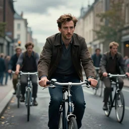 cinematic shot epic portrait david tennant riding a bicycle in the streets, atmospheric, cloudy, broad light, ambient occlusion, volumetric light effect, made by ivan aivazovsky, peter mohrbacher, greg rutkowski, ross tran, matte painting, trending on artstation, 4 k, perfectly defined features, digital painting, cinematic, epic, highly detailed,