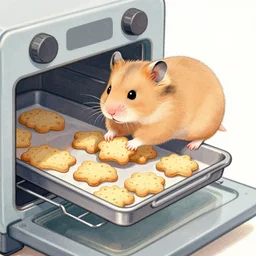 light brown hamster putting cookies in a tray into a oven, to bake them, colorful drawing, pencil
