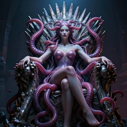 beautiful medusa on a iron throne , cyberpunk style, volumetric lighting, cinematic, unreal engine 5 render