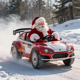 Santa Clause driving a rally car he is going fast there is smoke coming from the tires there is snow on the track you can clearly see Santa Clause driving he is fat and jolly, realistic lighting, realistic shadows, highly reflective, photo realistic, hyper realistic, glossy finish, a sense of speed