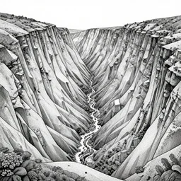 Geometrically surreal valley, extremely high detail, photorealistic, intricate line drawings, dotart, album art in the style of James Jean
