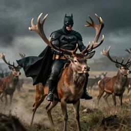 batman riding red deer in battlefield, face detailed, dark, cinematic lighting, chaotic, wide shot, photorealistic, photograph