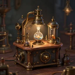 small and cozy steampunk alchemy lab, beautiful digital art, atmospheric and highly detailed, trending on artstation