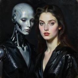 hyperrealism mixed with classicism, oil painting, close - up portrait faces of fashion model near cyborg, fully clothes in black reflect robe, complete darkness, in style of classicism mixed with 8 0 s sci - fi hyperrealism