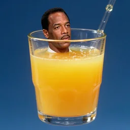 ( shrunk down o j simpson ) floating in orange juice floating in [ a glass of orange juice ]