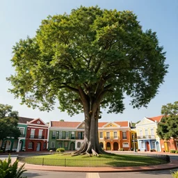 colorful colonial city built in a ring around a giant maple tree, huge tree, cinematic, volumetric, realistic, cinematic lighting, ray tracing, unreal engine 5, octane render, hyper realistic, photo, 8 k