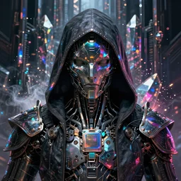 Ultra realist and ultra intricate dark detailed painting of an powerful hooded armor iridescent assassin king, human face biomechanical complex body with iridescent processor microchips, 3D render, symmetry, rich style, glowing iridescent sparks and smoke behind, crystallic cyberpunk megastructure background, artstation, colorful, badass, dark ominous stealth, colorful lens flares, unreal render, depth of field