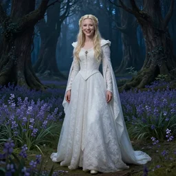 a full length portrait of mischievous, dangerous young, smiling Galadriel! (young Cate Blanchett) as a queen of elves, dressed in a medieval lacy, white dress. The background is a dark, creepy eastern europen forrest with a field of violets. paster colours, dominant wihte and blue colours, magical, Pre-Raphaelite oil painting, inspired by Henry Meynell Rheam: The Fairy Wood