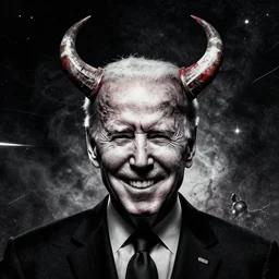 dark Joe Biden grinning emperor of the world with big american devil horns, high contrast, cosmic horror, abstract, masterpiece, trending on ArtStation, by Greg Rutkovski and by Craig Mullins and by David Cronenberg and by Ismail Inceoglu