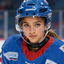close up portrait Zendaya as a futuristic ice hockey player, blue red and white, painted by James Gilleard, detailed brushstrokes, photo realistic