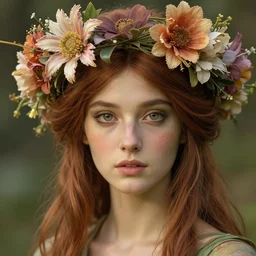 close up portrait shot of a beautiful dryad wearing a flower crown, alphonse mucha, rhads, ross tran, artstation, artgerm, octane render, 1 6 k